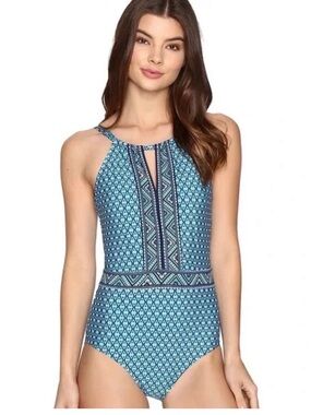 Blue Patterned High Neck One-Piece Swimsuit